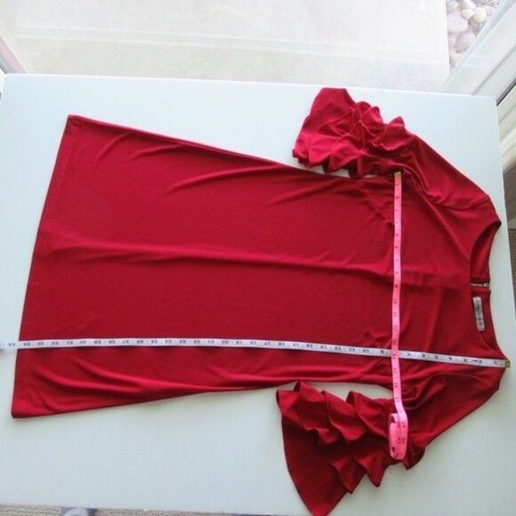 Red Shift Dress with Ruffle Bell Sleeves - Picture 6 of 9